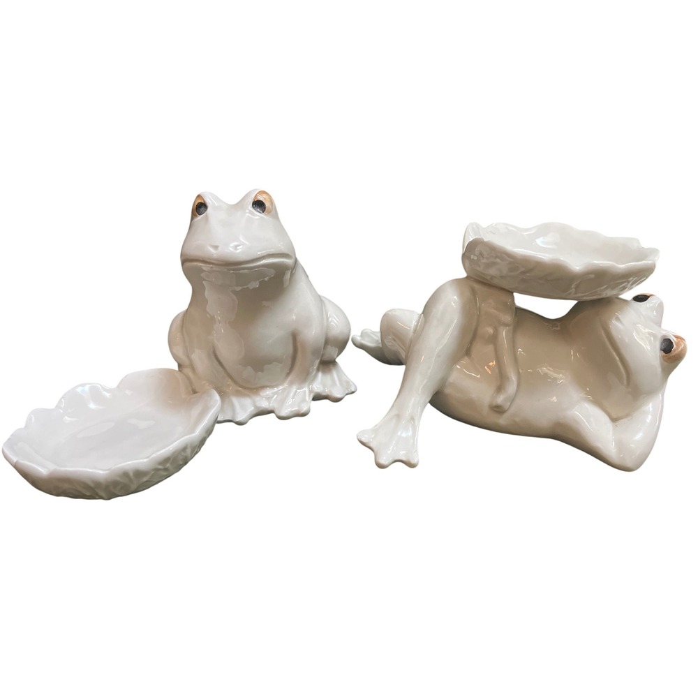 Vintage Fitz and Floyd Two Porcelain Frog and Lily Pad Figurine Trinket Dishes